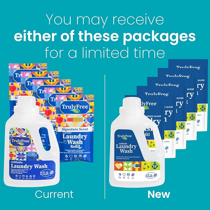 Truly Free Natural Laundry Detergent for Sensitive Skin | Eco Friendly, Plant Based, Baby Clothes Safe | Clean & Easy Powder to Liquid, 5 Pack Detergent + 1 Refillable Jug | Signature Scent 250 Loads