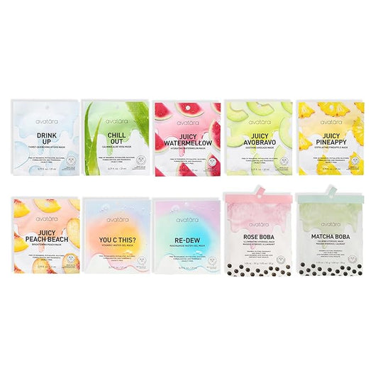 Avatara Sheet Mask Set, Facial Mask Variety Set of 10, Face Mask Skincare with Natural Extracts, Hydrating Face Mask Skin Care Set, Made with Tencel Fibers, All Skin Types, Teen Skincare, 10 Pack