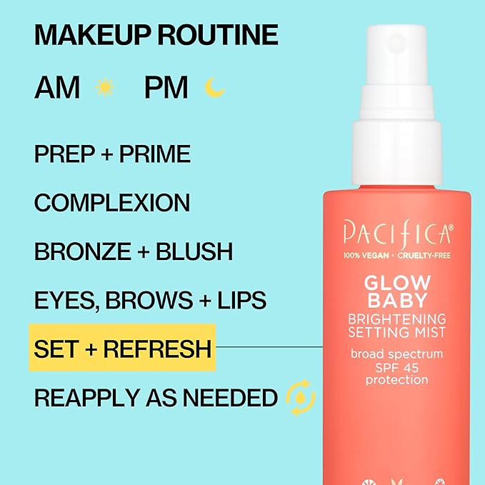 Pacifica Setting Spray Glow Baby Brightening Mist, Broad Spectrum SPF 45, UVA/UVB Protection, Blue Light Protection, Facial Mist, Suncare, Skin Care, Vegan, 1.7 fl oz (1 Count)