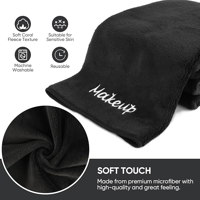 Makeup Remover Cloth, 24 Pack Black Facial Wash Cloths, Soft Coral Fleece Microfiber Towel for Face, Hand, and Bathroom(13" x 13")