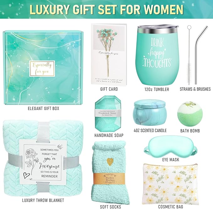 Happy Birthday Gifts for Women Self Care Gift, Relaxing Care Package Get Well Soon Spa Gift Basket with Luxury Blanket, Mothers Day, Brithday Gifts for Mom Her Friend Sister Wife