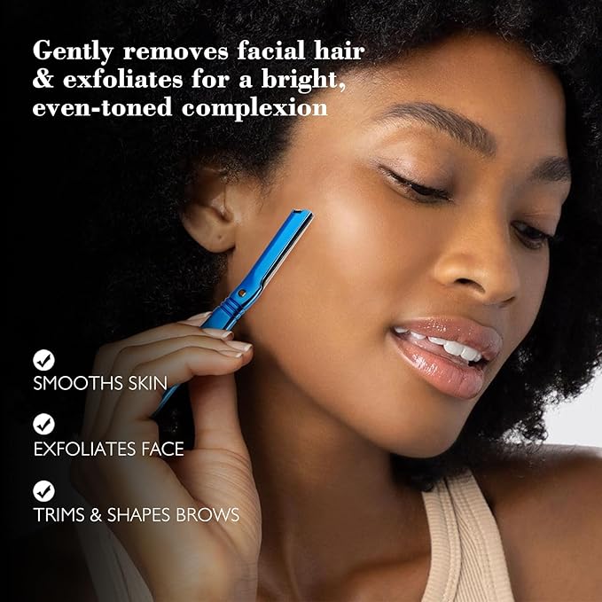 Eyebrow Razor for Women and Men, Face Razors for Women, Dermaplane Razor with Protective Silicone Cover, Reusable Metal Handle with 6 Refill Blades, Skin Care Tool - Blue