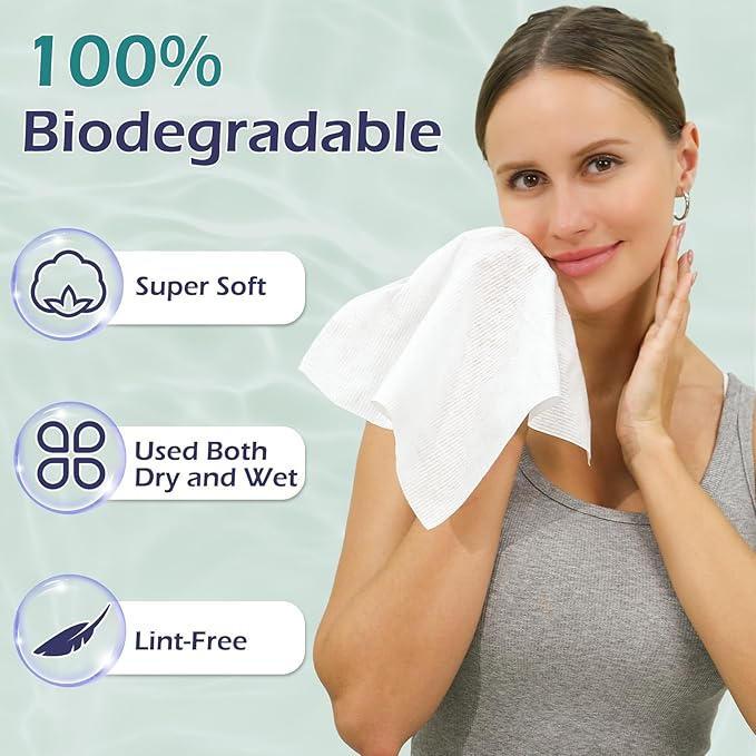 Disposable Face Towel, 100% Cotton, Extra Large 12" x 10", Soft Dry Wipe Face Wash, Makeup Remover, Biodegradable Towelette for Sensitive Skin 80 Count (1 Pack)