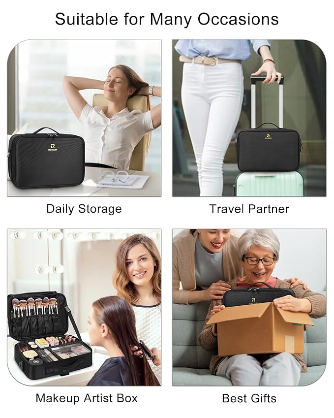 MONSTINA Travel Makeup Train Case,13.8 inches Large Cosmetic Case,Makeup Brush Holder Organizer and Storage with Adjustable Dividers and Shoulder Strap (Black)