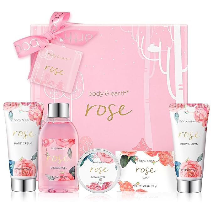 Bath and Body Gift Set for Women, Body & Earth 5 Pcs Rose Spa Gifts for Women, Self Care Kit, Lotion Set for Her,Mothers Day Presents for Mom