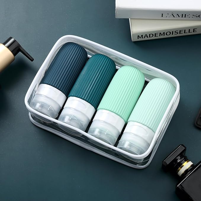 Travel Bottles for Toiletries, Tsa Approved 2oz Travel Bottles, BPA Free Leak Proof Travel Size Toiletry Containers, Refillable Travel Accessories with Toiletry Bag for Shampoo Liquid (4 Pack)