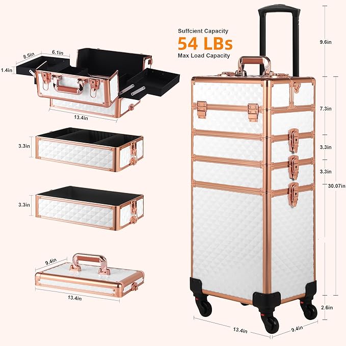 Rolling Makeup Case, Makeup Train Case with Lid, 5 in 1 Cosmetology Case on Wheels, Christmas Gift, Large Makeup Organizers, Profesional Cosmetic Case for Salon Barber, White Gold