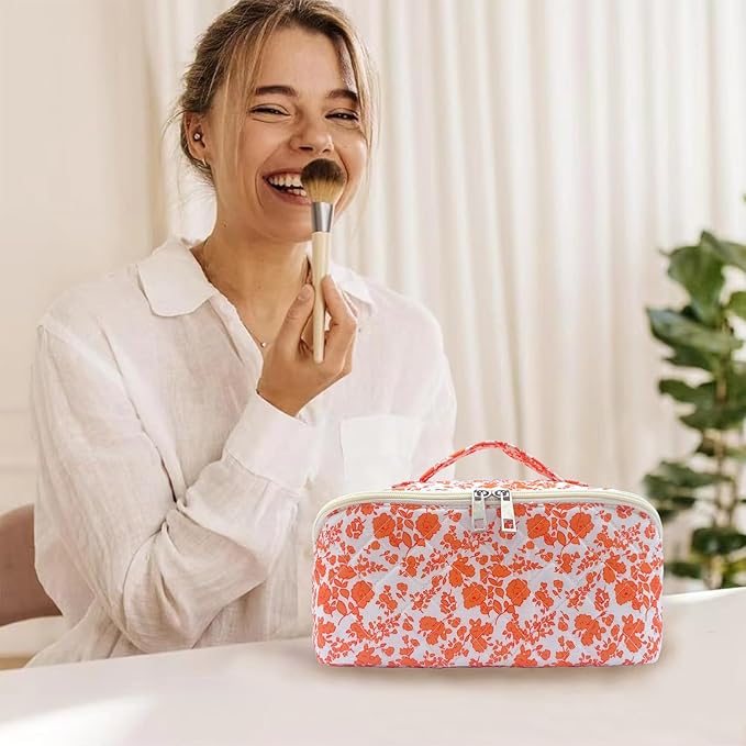 Orange Large Quilted Floral Makeup Bag Cute Coquette Aesthetic Cosmetic Bag Open Flat Travel Toiletry Make up Bag for Women
