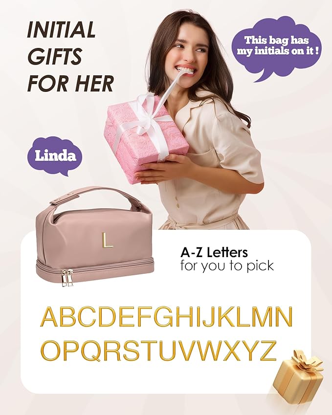 Gifts for Graduates, Personalized Makeup Bag with Handle, Initial Double Layer Cosmetic Bag with Makeup Brush Organizer, PU Leather Travel Toiletry Bag, Gifts for Friends Female Mom