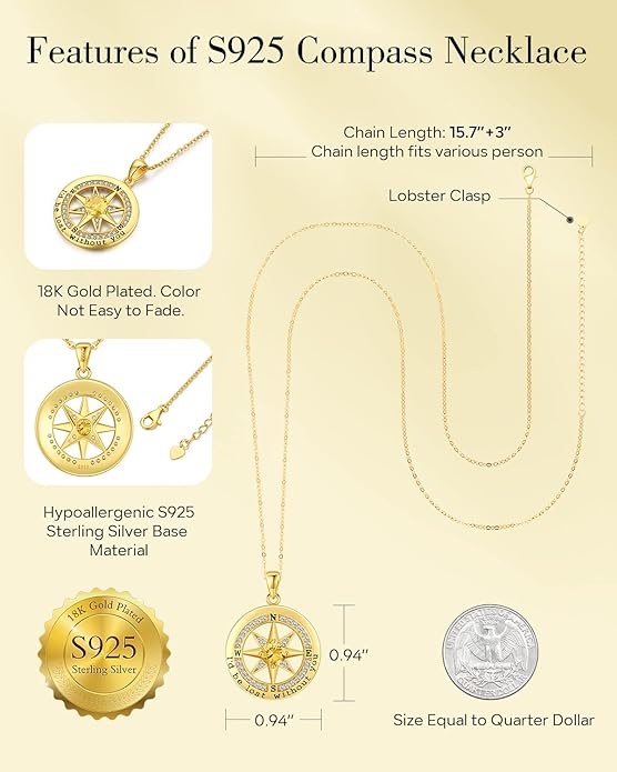 S925 Necklace Gift for Wife |Compass Jewelry |Women Anniversary |Sterling Silver |Girlfriend Birthday Gifts for Her Valentines |I'd be Lost without You |Jewel 18K Gold