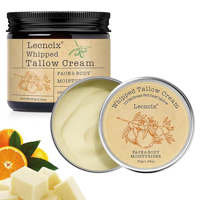 2PC Grass-Fed Beef Tallow for Skin,Tallow Face Moisturizer All-Natural Skin Care,Beef Tallow for Body & Face Moisturizer(Orange,2.12+1.06Oz)