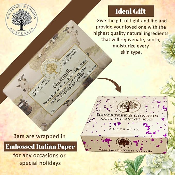 Wavertree & London Natural Goat Milk Soap Bars (2 Bars) – 7oz Individually Wrapped, French Triple Milled Moisturizing Bath Bar Soap Enriched with Shea Butter, Chemical-Free Sensitive Skin Bar Soap