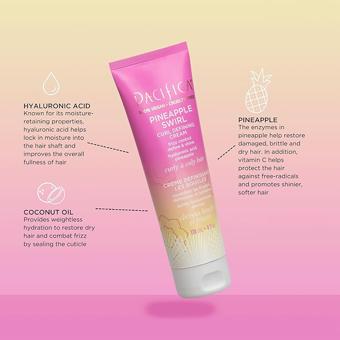 Pacifica Pineapple Swirl Curl Defining Cream – Curl Cream for Curly Hair, Curly Hair Products with Coconut Oil and Hyaluronic Acid, Styling for Bouncy Waves Without Crunch - 4 Oz