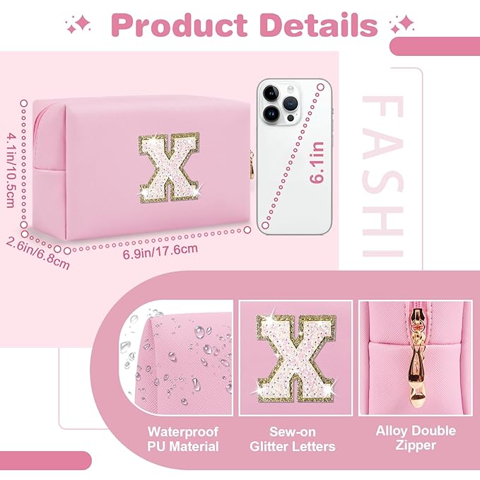 Small Personalized Initial A-Z Patch Makeup Bag,Pink Cute PU Leather Glitter Letter Cosmetic Bag for Teen Girls,Travel Toiletry Bag with Zipper,Preppy Monogrammed Birthday Gift for Daughter Niece X