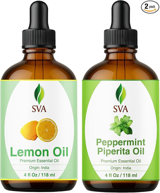 SVA Peppermint Essential Oil and Lemon Essential Oil 4oz Bundle Super Saver Combo – Premium Grade Value Set for Aromatherapy, Scalp Massage, Hair Care, Skin & Body