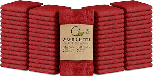 Softolle 100% Cotton Washcloths 60 Pack (12x12 Inches) Soft, Highly Absorbent Washcloth, Face Towels, Wash Cloths for Face, Ring Spun, Bulk Pack (Burgundy)