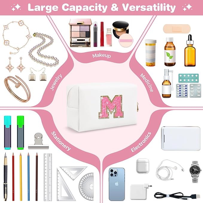 Small Personalized Initial A-Z Patch Makeup Bag,White Cute PU Leather Glitter Letter Cosmetic Bag for Teen Girls,Travel Toiletry Bag with Zipper,Preppy Monogrammed Birthday Gift for Daughter Niece M