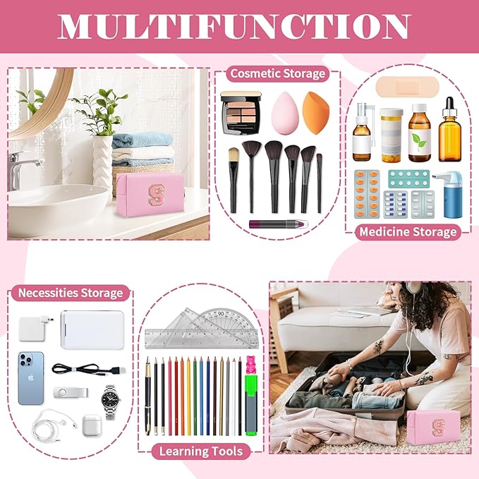 Personalized Initial A-Z Preppy Patch Makeup Bag,Small PU Leather Chenille Letter Cosmetic Bag with Zipper for Teen Girls,Pink Cute Travel Toiletry Bag,Birthday Monogrammed Gift for Daughter,Letter S