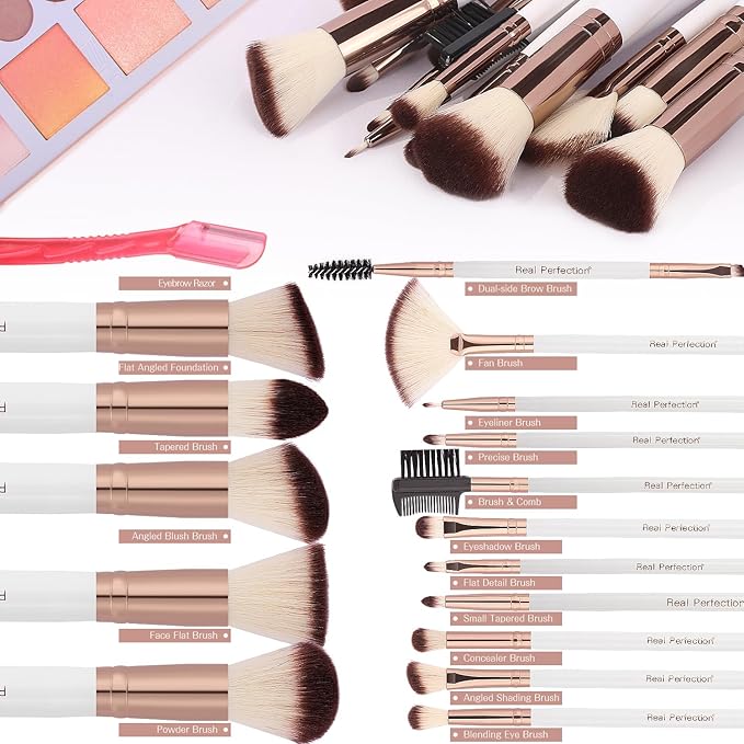 Real Perfection Makeup Brush Set 16 Pcs with 1 Eyebrow Razor Premium Synthetic Foundation Powder Concealers Eyeshadow Blush Makeup Brushes Make up Brushes Kit (White)