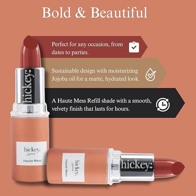 Hickey Lipstick Organic Haute Mess Terracotta Lipstick Shade Refill - Long Lasting Lipstick for Women, Hydrating & Moisturizing Shade, Lip Color for Women, Gluten-Free & Vegan with Highly Pigmented