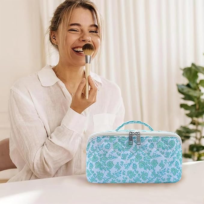 Green Large Quilted Floral Makeup Bag Cute Coquette Aesthetic Cosmetic Bag Open Flat Travel Toiletry Make up Bag for Women