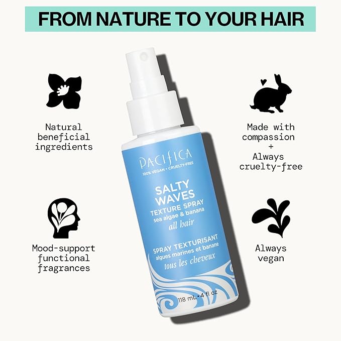 Pacifica Beauty, Salty Waves Texture Sea Salt Spray for Hair, Beachy Waves, Wavy Hair Products, Hydrating, Banana Scent, Curl Enhancing, Paraben Free, Sulfate Free, Vegan & Cruelty Free