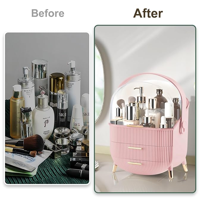 YGJT Make up Organizers and Storage, Makeup Organizer for Vanity, Cosmetics Skincare Organizers with Lid and Drawers, Cosmetic Display Cases for Countertop, Bathroom, Ideal Gifts for Women(Pink)