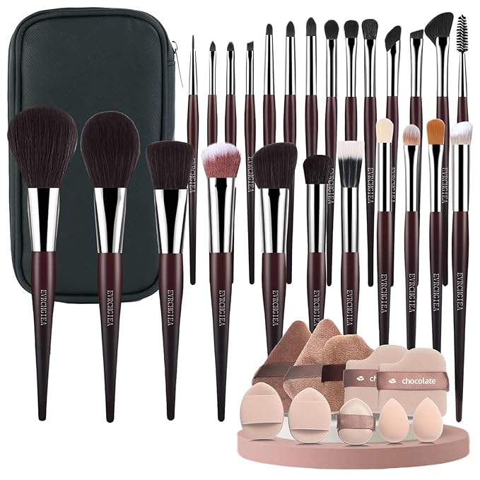 35Pcs Professional Makeup Brushes Set, High End 25 Pcs Make up Tools For Powder Foundation Concealers Blush Eyeshadows and 8 Puff 2 Makeup Sponge. Artist MUST HAVES Travel and Daily (brown)