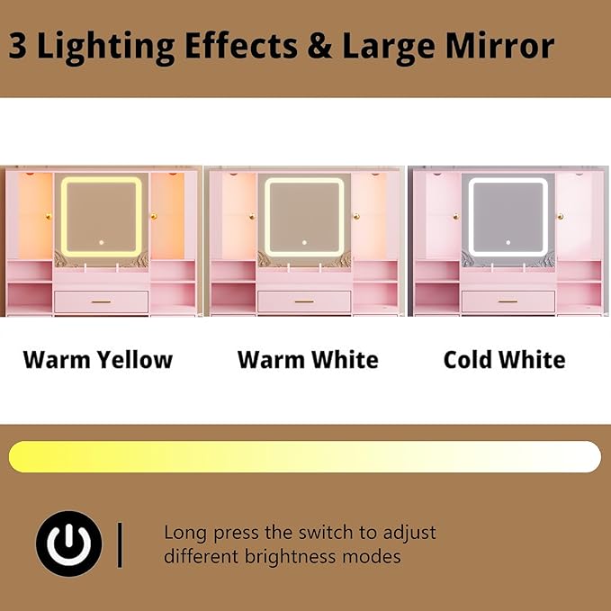 Makeup Vanity with LED Light Strip Mirror and Chair, 7 Drawers & 2 RGB Cabinets Pink Vanity Makeup Desk with Power Strip, Adjustable LED Lighting, and Cushioned Stool for Women, Girls, Teens