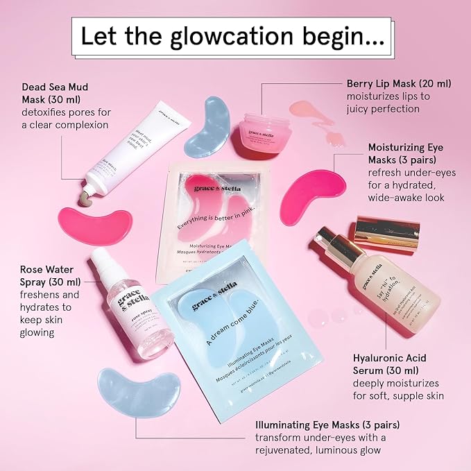 grace & stella Award Winning Skin Care Set - Gifts for Women - Travel Size Toiletries with Eye Masks, Hyaluronic Acid Serum, Lip Balm & More - Bridesmaids, Birthdays, Teen Girl Gifts - Vegan Self Care