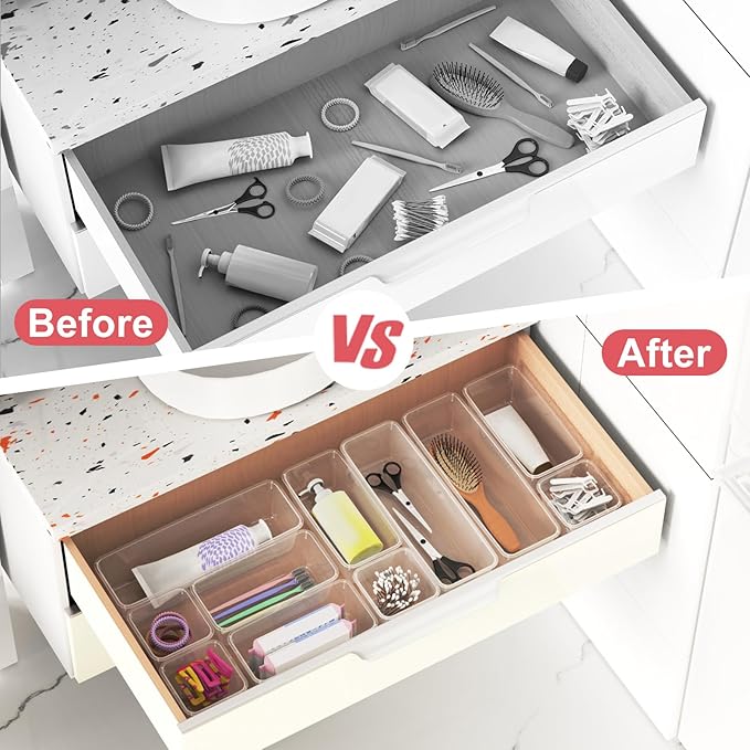 12 PCS Plastic Drawer Organizer Set, Sturdy 3-Size Makeup Vanity Desk Drawer Organizer Trays and Storage Bins for Cosmetics, Junk and Gadgets – Ideal for Bathroom, Bedroom, Office and Kitchen