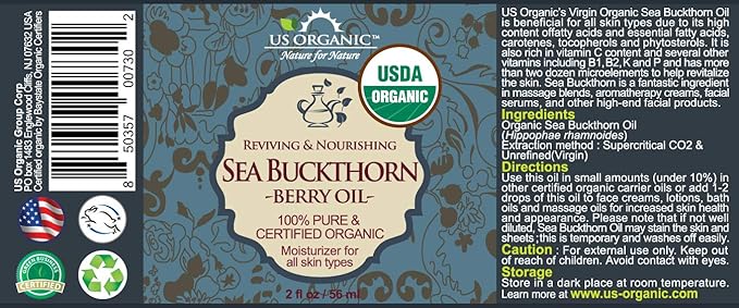 US Organic Sea Buckthorn Berry (Fruit) Oil, Supercritical CO2 extracted, USDA Certified Organic,100% Pure Virgin, Unrefined in Amber Glass Bottle, Face, Hair, spot Treatment, Anti Aging, 2 oz (56 ml)