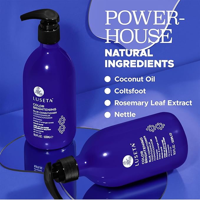 Luseta Blue Shampoo & Conditioner Set - Color Brightening for Brassy and Brunette Treated Hair, Revive Cool Tones, 2x 16.9oz