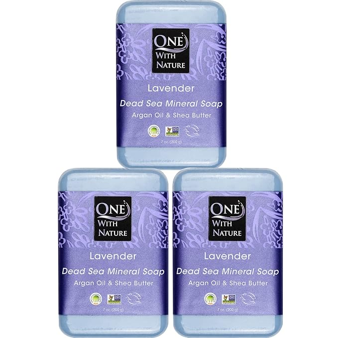 One With Nature Dead Sea Salt Lavender Soap 7oz 3-Pack – Soothing and Exfoliating Soap Bar with Dead Sea Minerals for Face & Body, for Men & Women