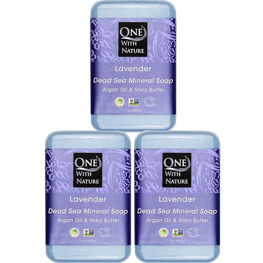 One With Nature Dead Sea Salt Lavender Soap 7oz 3-Pack – Soothing and Exfoliating Soap Bar with Dead Sea Minerals for Face & Body, for Men & Women