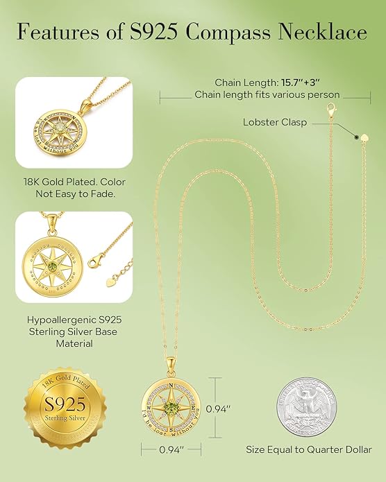 S925 Necklace Gift for Wife |Compass Jewelry |Women Anniversary |Sterling Silver |Girlfriend Birthday Gifts for Her Valentines |I'd be Lost without You |Jewel 18K Gold