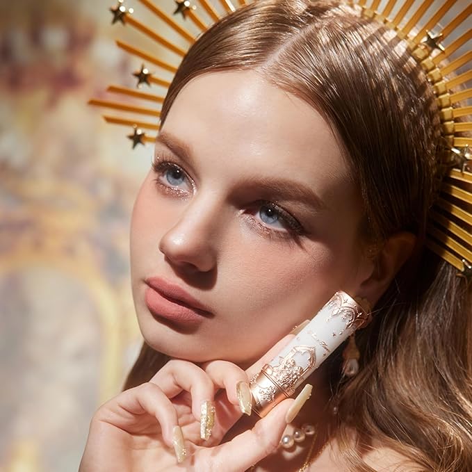 Flower Knows Little Angel Matte Lipstick,Super Soft & Ultra Silky Lip Mud Stick,Long Lasting & Moisturizing Vegan Lip Makeup for Girls&Women,Velvety Nude Peachy Finish(C01 Starry Cross)