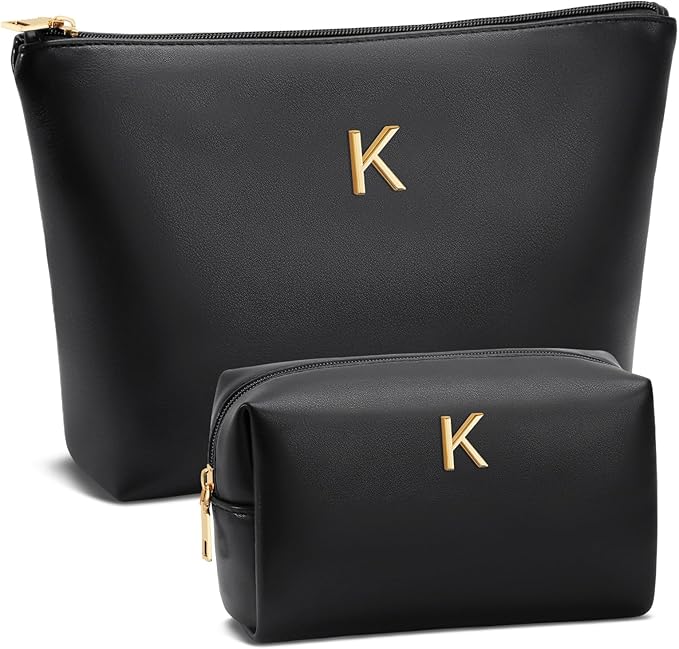 Women Gifts | Initial Makeup Bag Set for Girl Personalized Gifts for Bridesmaid Friend Graduation Teachers PU Leather Cosmetic Travel Toiletry Bag(Black,K)