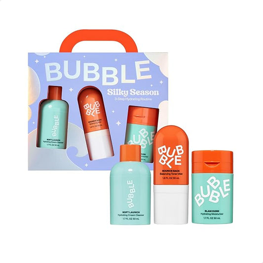 Bubble Skincare Silky Season 3-Step Hydrating Skin Care Set - Travel Size Skincare for Dry Skin - Soft Launch Cream Cleanser, Bounce Back Hydrating Toner Spray & Slam Dunk Moisturizer (3 Count)
