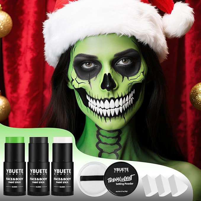 Black White Light Green Face Body Paint Stick Set with Translucent Setting Powder and Sponges, Professional Full Coverage Face Painting for Adult Halloween Cosplay SFX Witch Hulk Monster Makeup