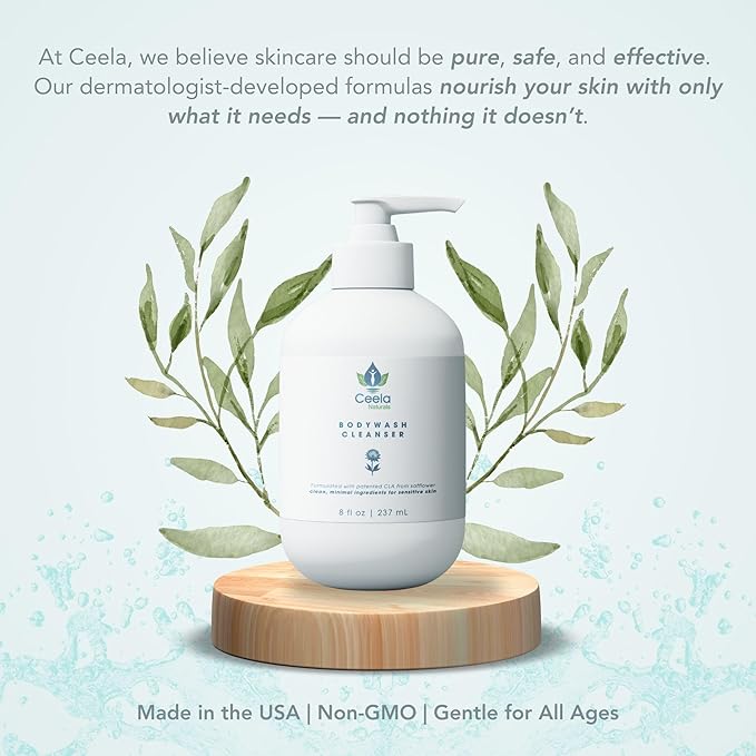 CEELA Naturals Body Wash Cleanser 8 fl oz – CLA-Based, Vegan, Hypoallergenic, Microbiome-Safe – Gently Soothes Sensitive Skin, No Synthetic Preservatives or Fragrances