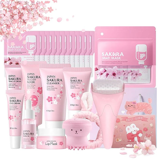 Sakura Skin Care Sets & Kits, Japanese Cherry Blossom Gifts for Teenage Girls, Pamper Sets for Women Gifts, Facial kit Daily Care All In One Set, Travel Kit for Women Teen Girls Mom Birthday, 35PCS