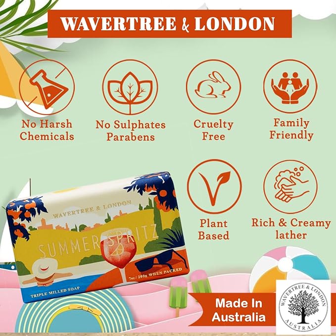 Wavertree & London Summer Spritz Scented Natural Soap (2 Bars), 7oz Moisturizing French Triple Milled Soap Bars enriched with shea butter - Pure Plant Based Bath & Body Bars for All Skin Types