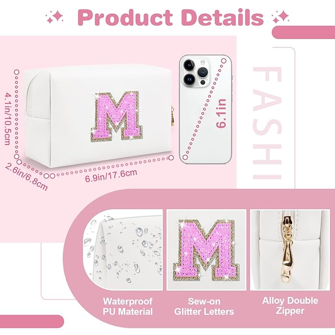 Small Initial Patch Makeup Bag Personalized Gifts Make Up Bag,White Cute PU Leather Glitter Letter Cosmetic Bag with Zipper,Trendy Portable Travel Toiletry Pouch,Preppy Stuff for Teen Girls Women M