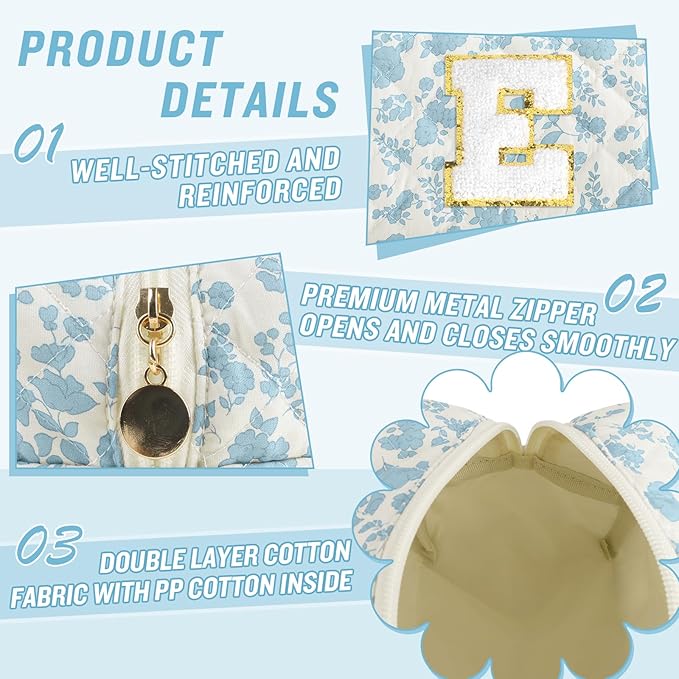 Personalized Quilted Cosmetic Bag, Puffy Monogrammed Christmas Birthday Gifts for Women & Girls, Cute initial Floral Makeup Bag Puffer Coquette Bag, Aesthetic Travel Toiletry Zipper Pouch(Blue,E)