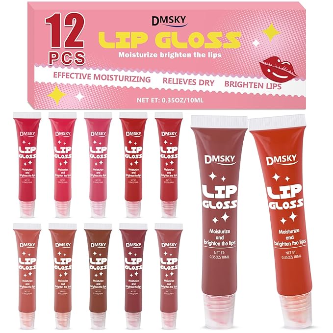 Dmsky 12 Pack Lip Gloss Set, 12 Colors Lip Oil for Dry Cracked Lips, Moisturizing Lip Balm Infused with Vitamin E for a Sheer Tint Of Color