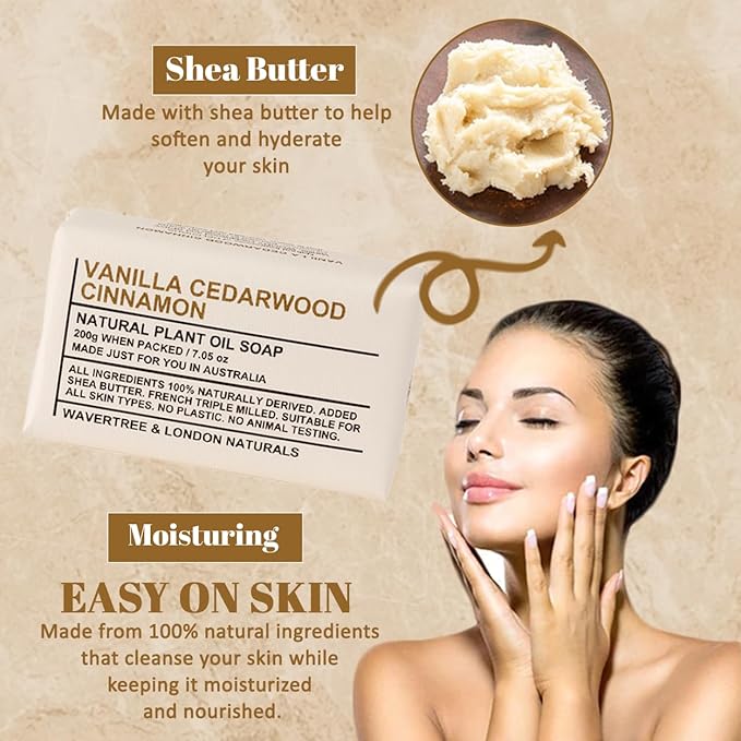 Wavertree & London Vanilla Cedarwood Scented Natural Soap Bars (2 Bars), 7oz Moisturizing French Triple Milled Soap enriched with shea butter - Plant Oil Bath & Body Soap Bars [100% Naturally derived]