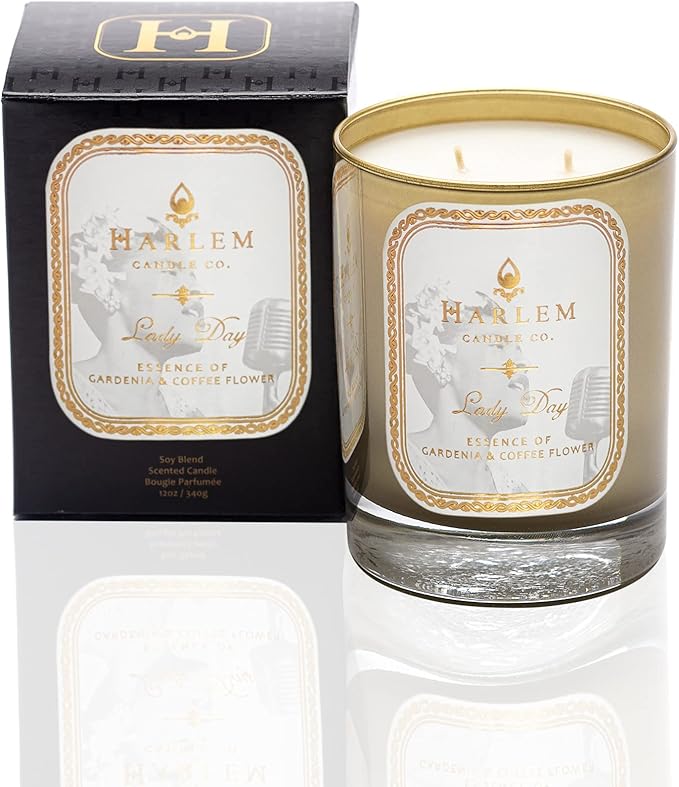 HARLEM CANDLE CO. Lady Day - Luxury Scented Soy Candle, 11 oz - 80-Hour Burn Time | Gardenia, Jasmine, Lush Green Leaves, Neroli Blossom, and Coconut Milk | Scented Candles for Home