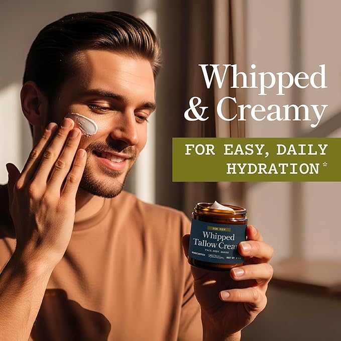 Whipped Beef Tallow Cream for Men | Face & Body | Beef Tallow for Skin Health & Barrier Support | Unscented | Whipped Men’s Moisturizer Cream with Beeswax | Grass-Fed, Cruelty-Free & Non-GMO | 2 oz