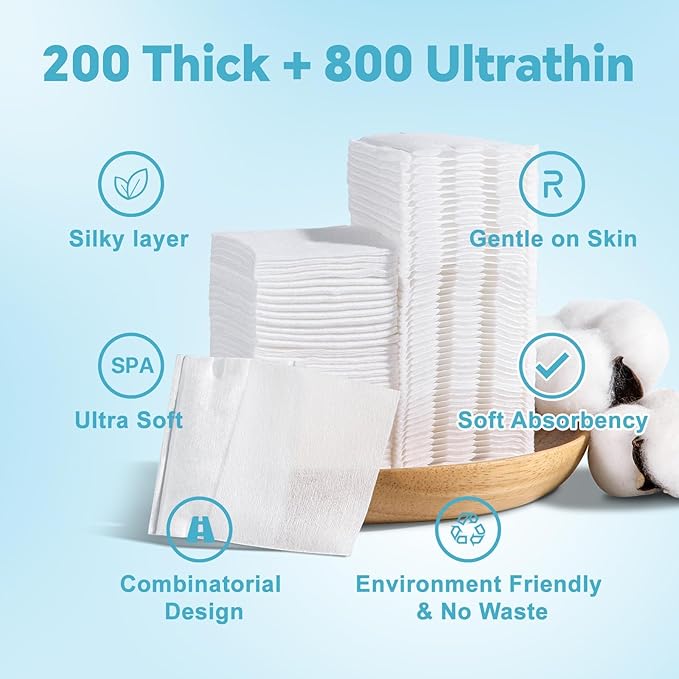 Square Cotton Pads for Face (1000 Count) - 100% Pure Cotton, Soft Lint-Free Makeup Remover Pads for Facial and Eye Use, Double-Sided Design to Save Water, Hypoallergenic (200 Thick & 800 Ultra-Thin)